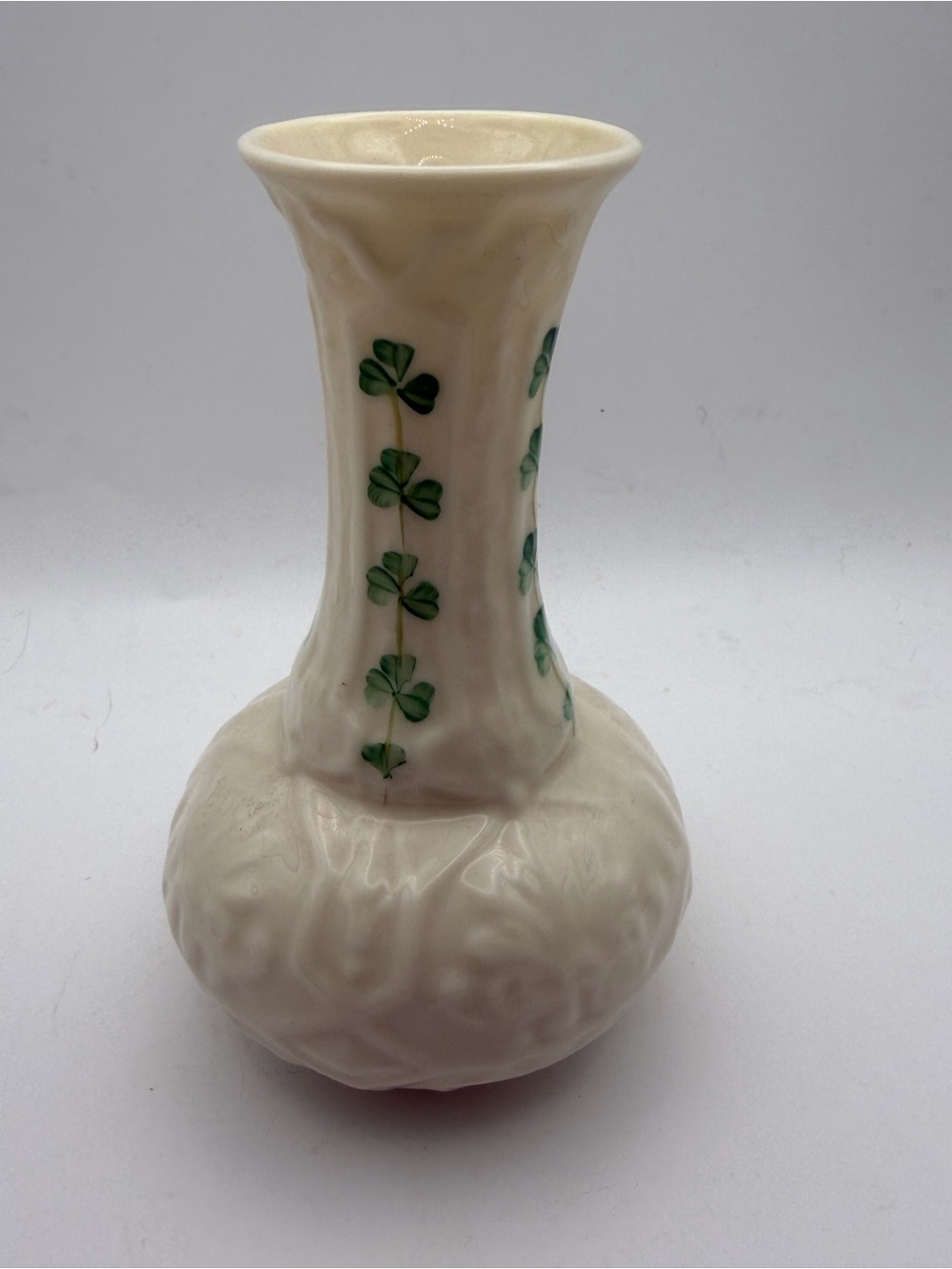 Vintage Belleek porcelain bud vase with shamrocks